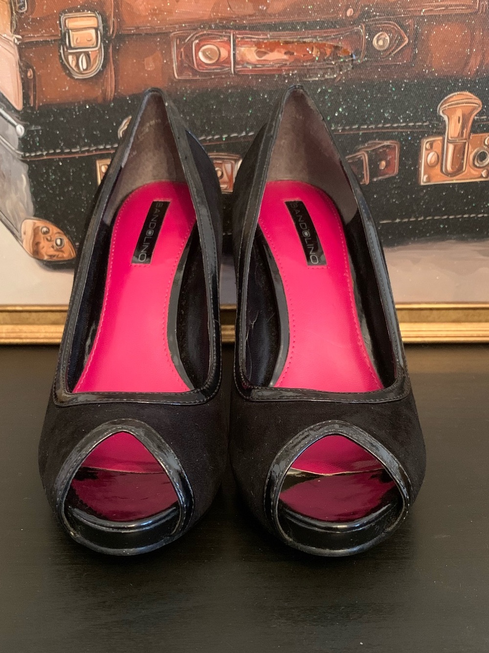 Bandolino Black Peep-Toe Heels with Bright Pink Insole SL011